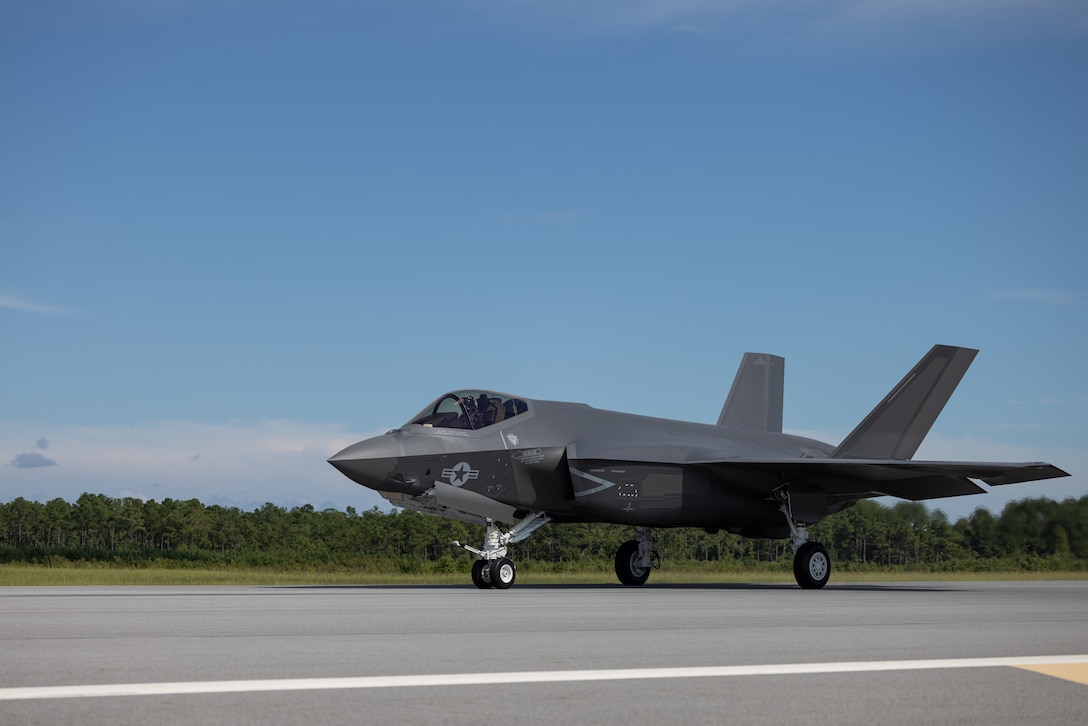 U.S. Marine Corps Lt. Col. Evan Shockley, from Virginia and commanding officer, Marine Fighter Attack Squadron (VMFA) 251, taxis an F-35C Lightning Il at Marine Corps Air Station Cherry Point, North Carolina, Sept. 17, 2024. VMFA-251 became the first East Coast-based Marine Corps squadron to receive the F-35C, designed to operate from conventional aircraft carriers or land bases and provides operational flexibility and persistence to II Marine Expeditionary Force. (U.S. Marine Corps photo by Lance Cpl. Orlanys Diaz Figueroa)