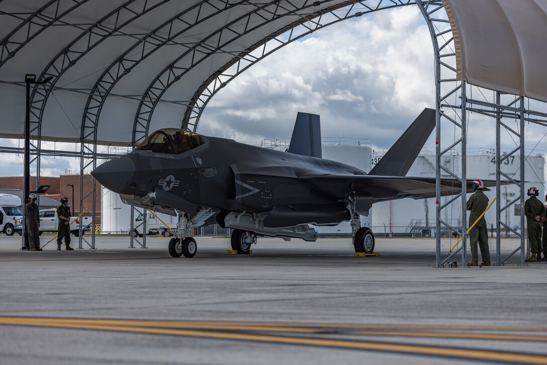 U.S. Marine Corps Lt. Col. Evan Shockley, from Virginia, and the commanding officer of Marine Fighter Attack Squadron (VMFA) 251, parks an F-35C Lightning II at Marine Corps Air Station Cherry Point, North Carolina, Sept. 17, 2024. VMFA-251 became the first East Coast-based Marine Corps squadron to receive the F-35C, designed to operate from conventional aircraft carriers or land bases and provides operational flexibility and persistence to II Marine Expeditionary Force. (U.S. Marine Corps photo by Lance Cpl. Orlanys Diaz Figueroa)