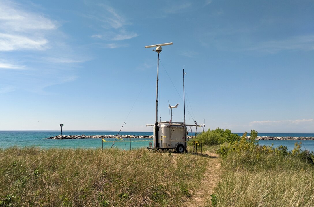 The U.S. Army Corps of Engineers, Detroit District will install a temporary radar system at Manistique Harbor, Michigan to study wave activity in early October. The Integrated Radar Monitoring System (IRaMS) system is seen similarly deployed earlier in 2024. (U.S. Army photo by Rachel Malburg)