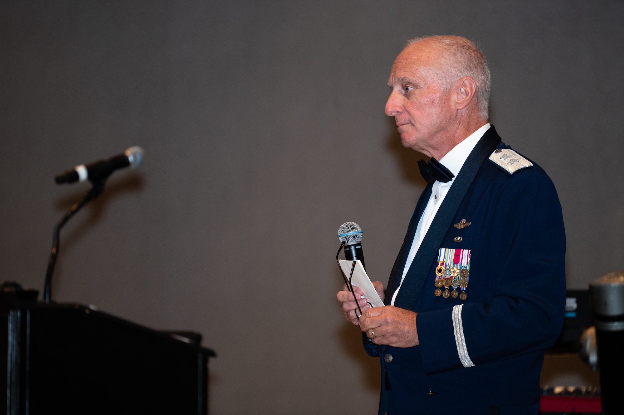 U.S. Air Force Maj. Gen. Garrett Harencak, Air Force Recruiting Service commander, delivers a speech during the Dyess Air Force Ball at the DoubleTree by Hilton, Abilene, Texas, Sept. 21, 2024. Harencak spoke on his experiences, hopes for the future and how much Airmen are needed. (U.S. Air Force photo by Airman 1st Class Jade M. Caldwell)