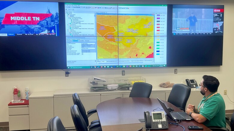 David Bogema, chief of Water Management for the U.S. Army Corps of Engineers Nashville District monitors weather conditions and forecast for the Cumberland River Basin to help the Corps make decisions on flood risk operations as remnants from Hurricane Helene are expected to impact the region, Sept. 26, 2024.