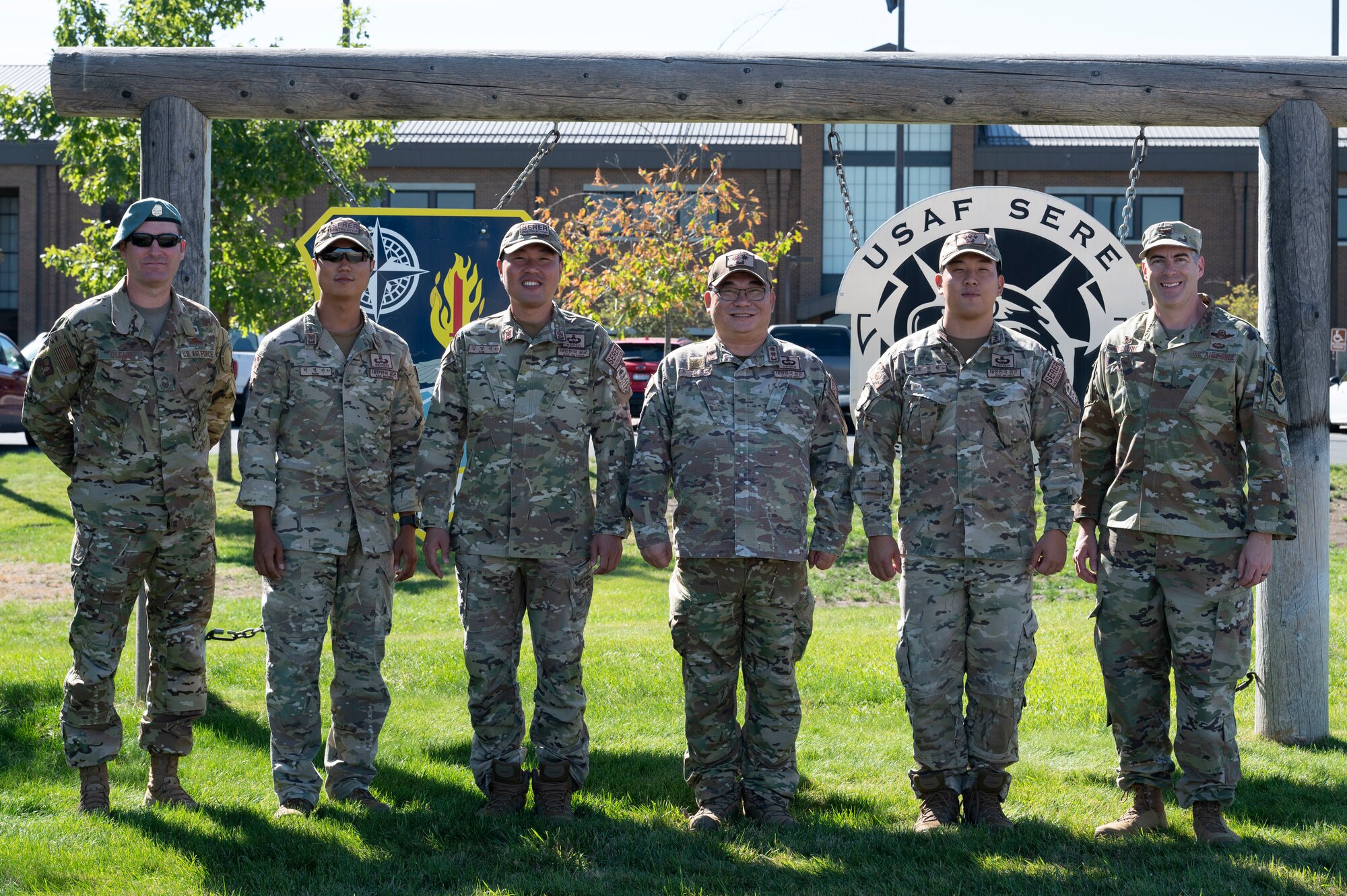 Republic of Korea Air Force, Survival, Evasion, Resistance, Escape, Recovery, leadership joins the 336th Training Group leaders during a week-long immersion at Fairchild Air Force Base, Washington, Sept. 24, 2024. The ROK Air Force SERE-R leadership team visited with 336th TRG leaders to gain a better understanding of the logistics, systems and processes required for the U.S. Air Force SERE School to sustain operations, and enhance the tactics and procedures currently implemented within their survival training program. This immersion demonstrated a shared commitment to building upon international partnerships to increase interoperability with allies and strengthen global security. (U.S. Air Force photo by Airman 1st Class Samantha Thorn)