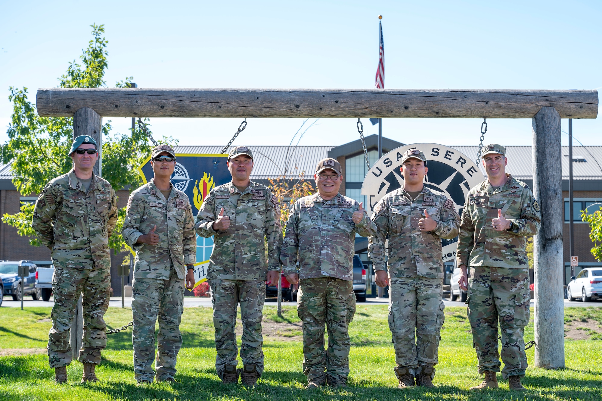 Republic of Korea Air Force, Survival, Evasion, Resistance, Escape, Recovery, leadership joins the 336th Training Group leaders during a week-long immersion at Fairchild Air Force Base, Washington, Sept. 24, 2024. The ROK Air Force SERE-R leadership team visited with 336th TRG leaders to gain a better understanding of the logistics, systems and processes required for the U.S. Air Force SERE School to sustain operations, and enhance the tactics and procedures currently implemented within their survival training program. This immersion demonstrated a shared commitment to building upon international partnerships to increase interoperability with allies and strengthen global security. (U.S. Air Force photo by Airman 1st Class Samantha Thorn)
