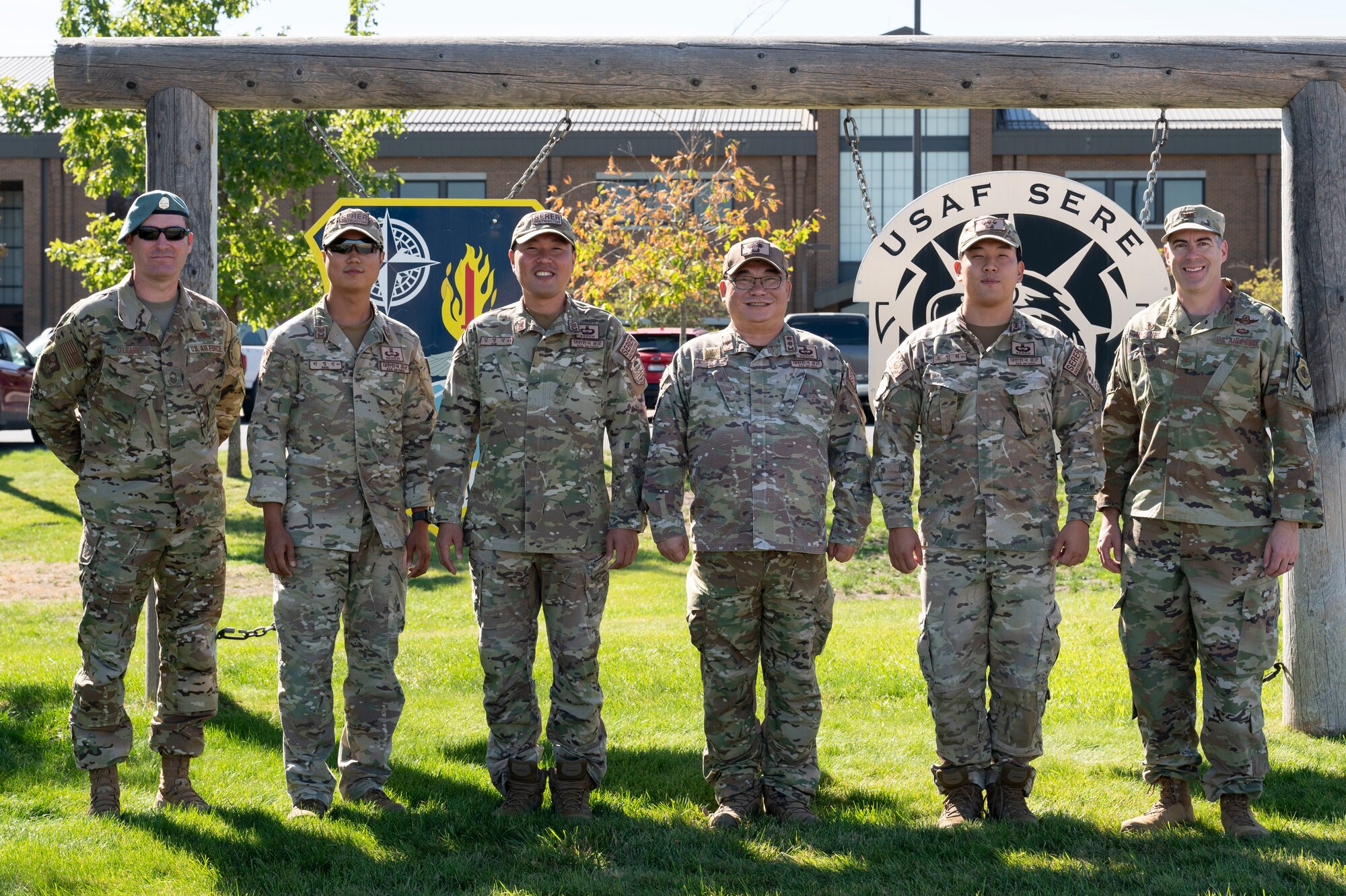 Republic of Korea Air Force, Survival, Evasion, Resistance, Escape, Recovery, leadership joins the 336th Training Group leaders during a week-long immersion at Fairchild Air Force Base, Washington, Sept. 24, 2024. The ROK Air Force SERE-R leadership team visited with 336th TRG leaders to gain a better understanding of the logistics, systems and processes required for the U.S. Air Force SERE School to sustain operations, and enhance the tactics and procedures currently implemented within their survival training program. This immersion demonstrated a shared commitment to building upon international partnerships to increase interoperability with allies and strengthen global security. (U.S. Air Force photo by Airman 1st Class Samantha Thorn)