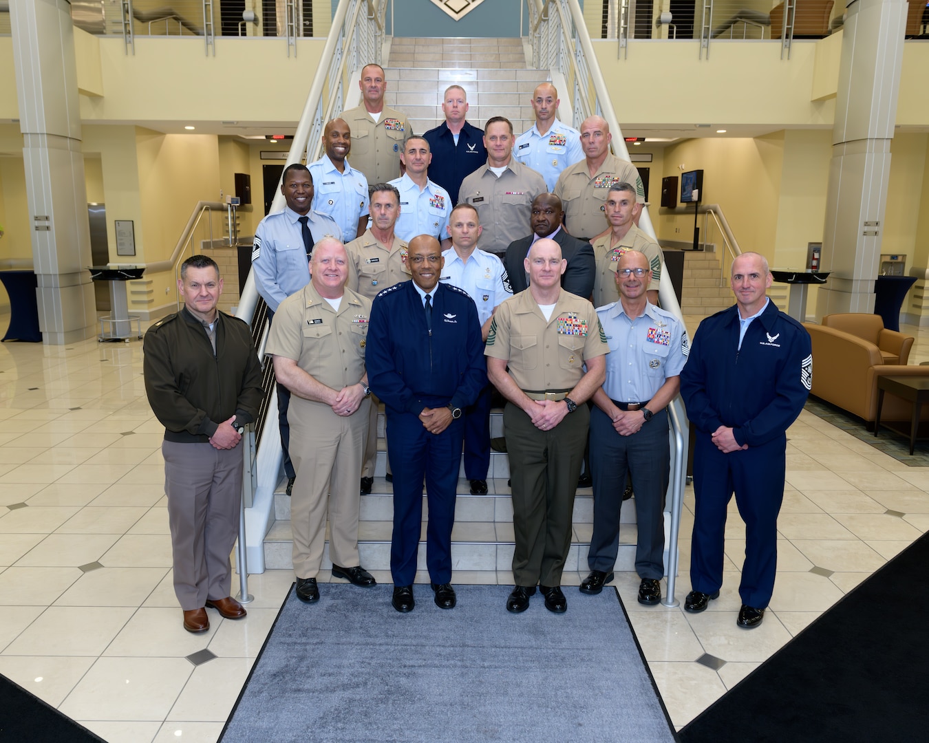 Group portrait of the Chairman of the Joint Chiefs of Staff and U.S. Armed Forces senior-most enlisted service members.