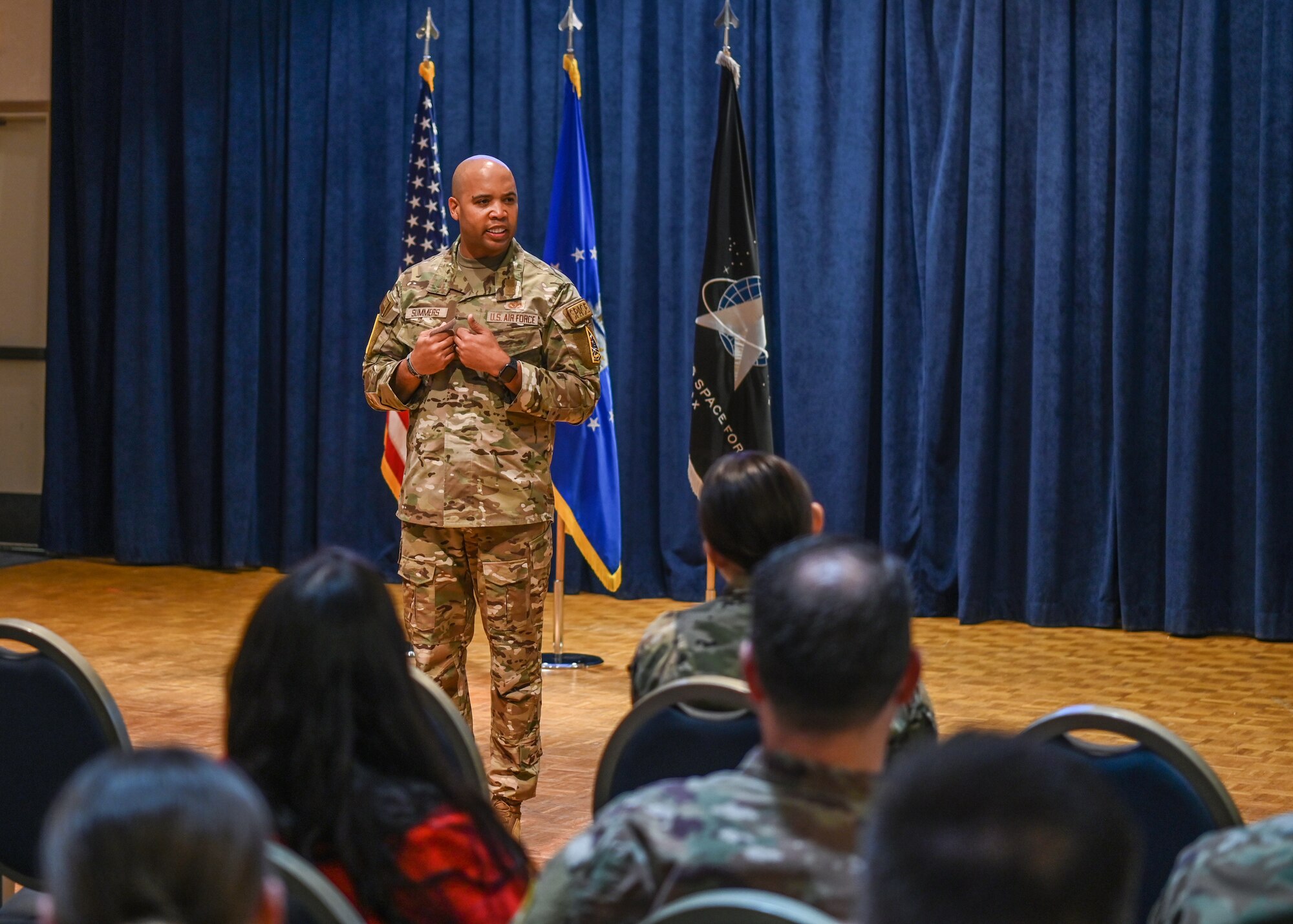 A Space Launch Delta 30 senior enlisted airmen, speaks to Guardians, Airmen, and civilians during an all call held at Vandenberg Space Force Base.