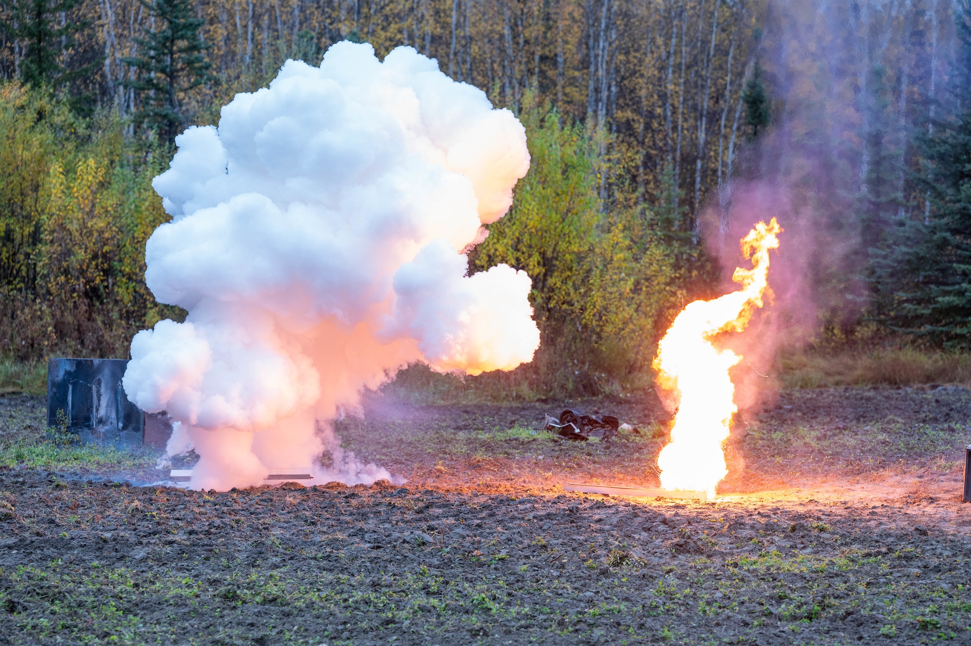 Black powder and smokeless powder are ignited during a demonstration at Eielson Air Force Base, Alaska, Sept. 20, 2024.
