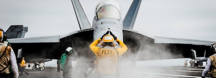 Aviation Boatswain’s Mate (Aircraft Handling) 3rd Class Airman Kareem Crump, from Chicago, assigned to air department’s flight deck crash and salvage division, prepares an F/A-18F Super Hornet, attached to the Flying Eagles of Strike Fighter Squadron (VFA) 122, for launch on the flight deck of Nimitz-class aircraft carrier USS George Washington (CVN 73) while underway in the Pacific Ocean, Sep. 23, 2024.