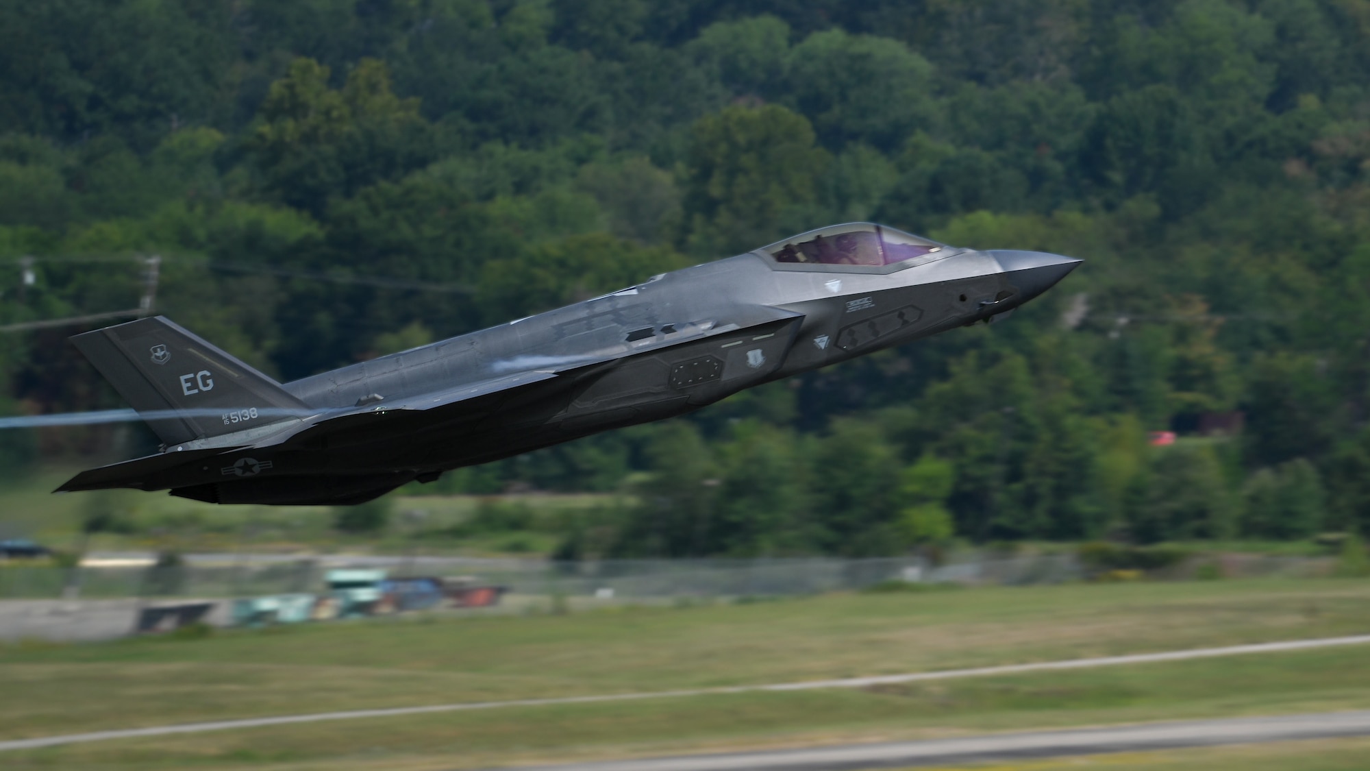 An F-35A Lightning II soars over Ebbing Air National Guard Base, Arkansas, during an Agile Combat Employment exercise, Sept. 9, 2024.
