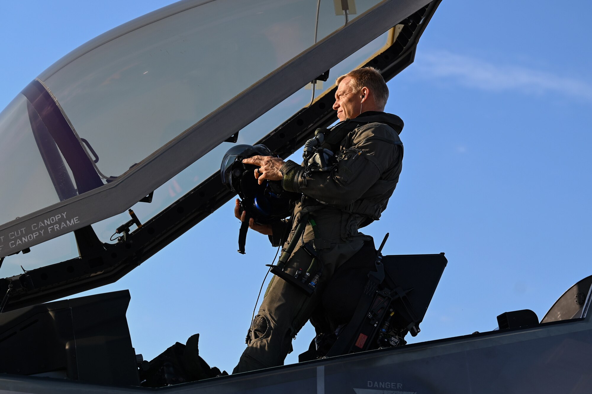U.S. Air Force Lt. Col. Hunter Grunden, 60th Fighter Squadron commander, prepares for a sortie during an Agile Combat Employment exercise at Ebbing Air National Guard Base, Arkansas, Sept. 11, 2024.