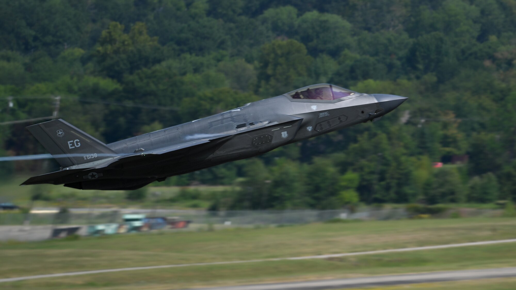 An F-35A Lightning II soars over Ebbing Air National Guard Base, Arkansas, during an Agile Combat Employment exercise, Sept. 9, 2024.