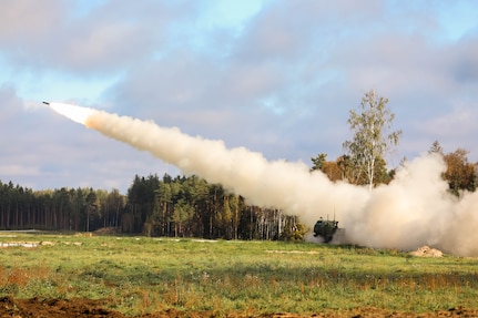 U.S. Army Soldiers with 4th Battalion, 133rd Field Artillery Regiment, Texas Army National Guard, supporting 1st Cavalry Division, fire a rocket during a Table XII live-fire exercise near Tapa, Estonia, Sept. 19, 2024.