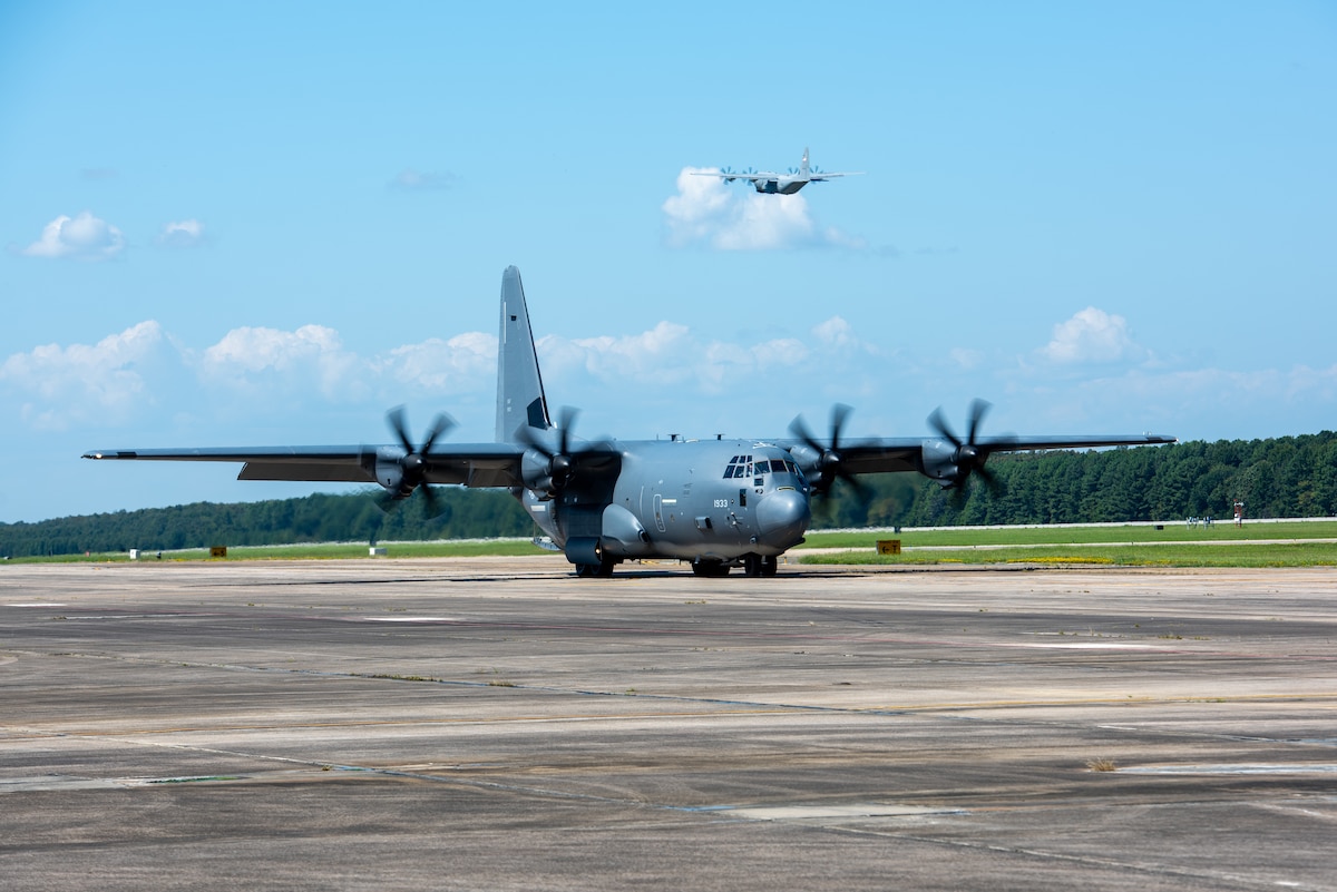 A U.S. Air Force C-130J "Super Hercules" aircraft taxies after initial arrival at Little Rock AFB
