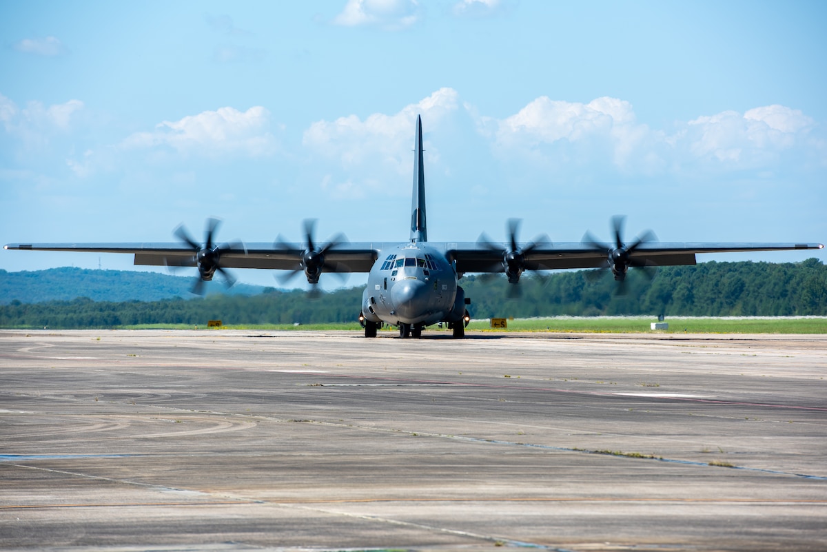 A  U.S. Air Force C-130J "Super Hercules" aircraft taxies after initial arrival at Little Rock AFB