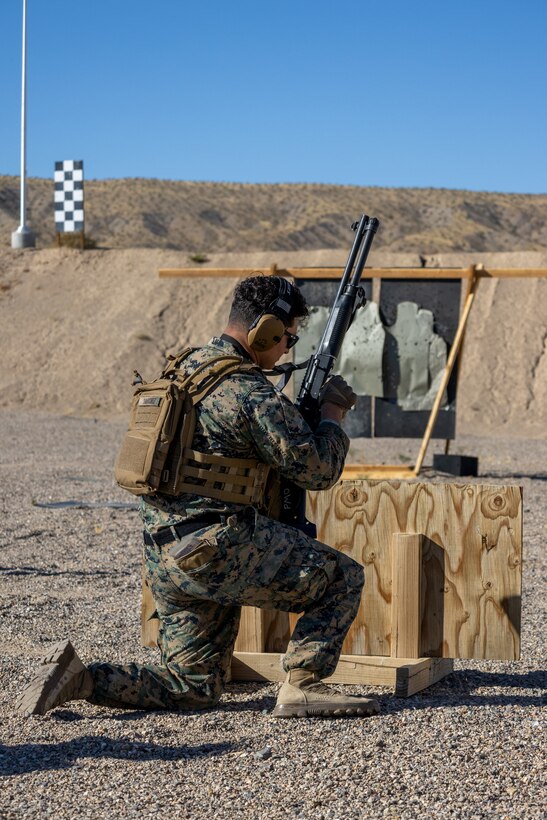 The Provost’s Marshalls Office provided a shotgun live-fire range training for all Active Duty personnel who are currently serving, or will be serving, in a Security Augmentation Force capacity at the Marine Corps Logistics Base Barstow Ranges in Barstow, CA. on September 26. To facilitate the understanding of weapon systems, personnel from the SAF received instruction, guidance, and evaluations from the PMO Training Division on the M1014 Joint Service Combat Shotgun. The training program encompasses various aspects, including weapons safety, procedures for loading and unloading, target engagement techniques, reloading methods, firing positions, and the execution of live-fire qualifications.