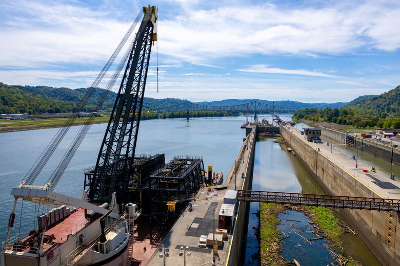 The Henry M. Shreve floating heavy crane parked alongside the primary lock chamber’s river wall at Hannibal Locks and Dam in Hannibal, Ohio, Sept. 13, 2024.