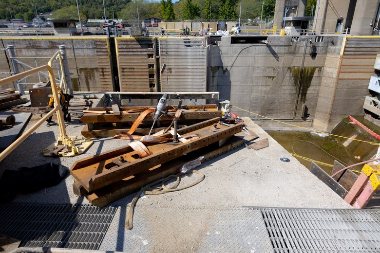 Excised anchorages sit atop the primary lock chamber’s river wall at Hannibal Locks and Dam in Hannibal, Ohio, Sept. 13, 2024.