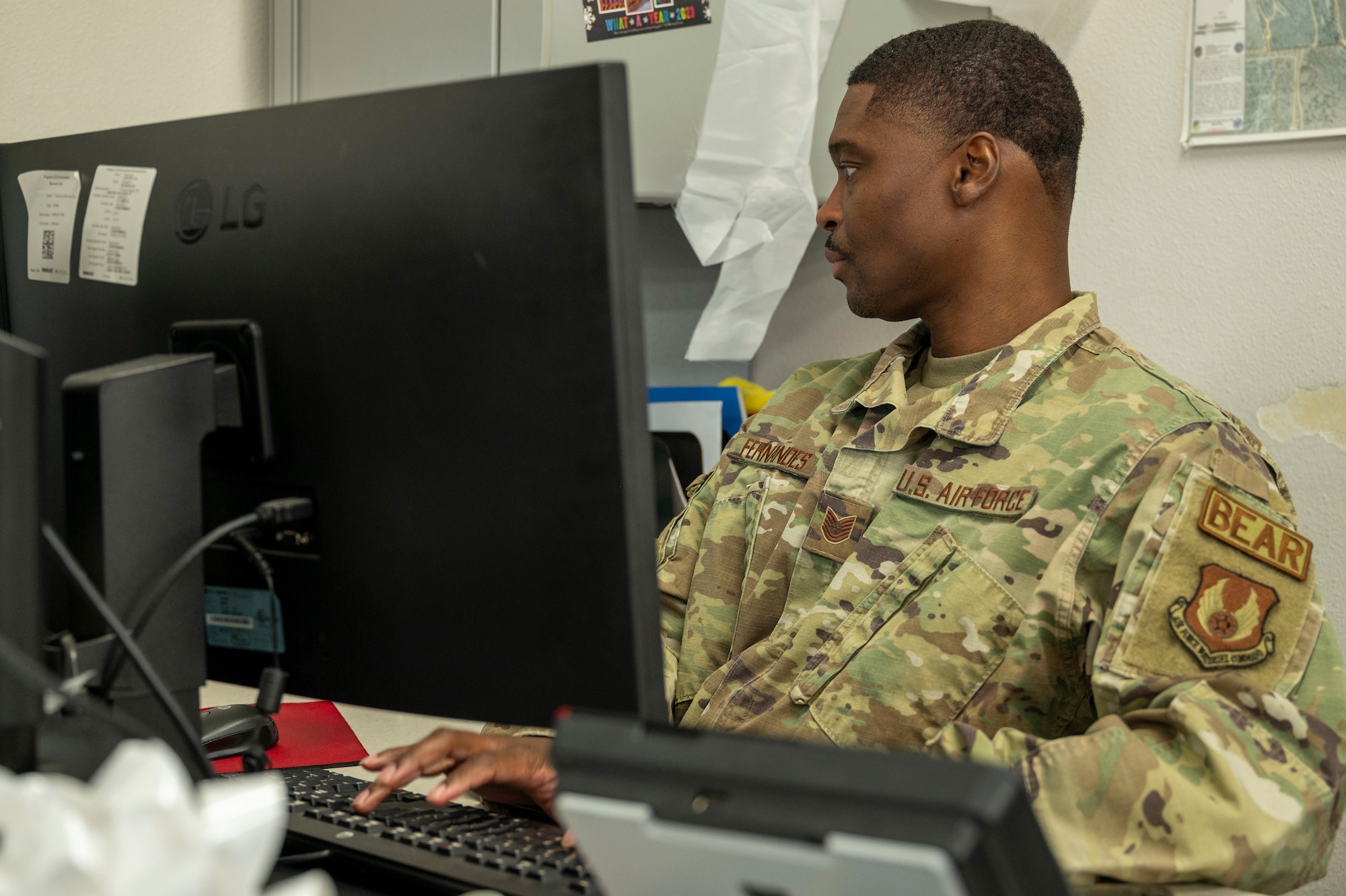 U.S. Air Force Tech. Sgt. Anthony Fernandes, 635th Materiel Maintenance Support Squadron noncommissioned officer in charge of equipment accountability element, manages equipment assets at Holloman Air Force Base, New Mexico, Sept. 18, 2024.