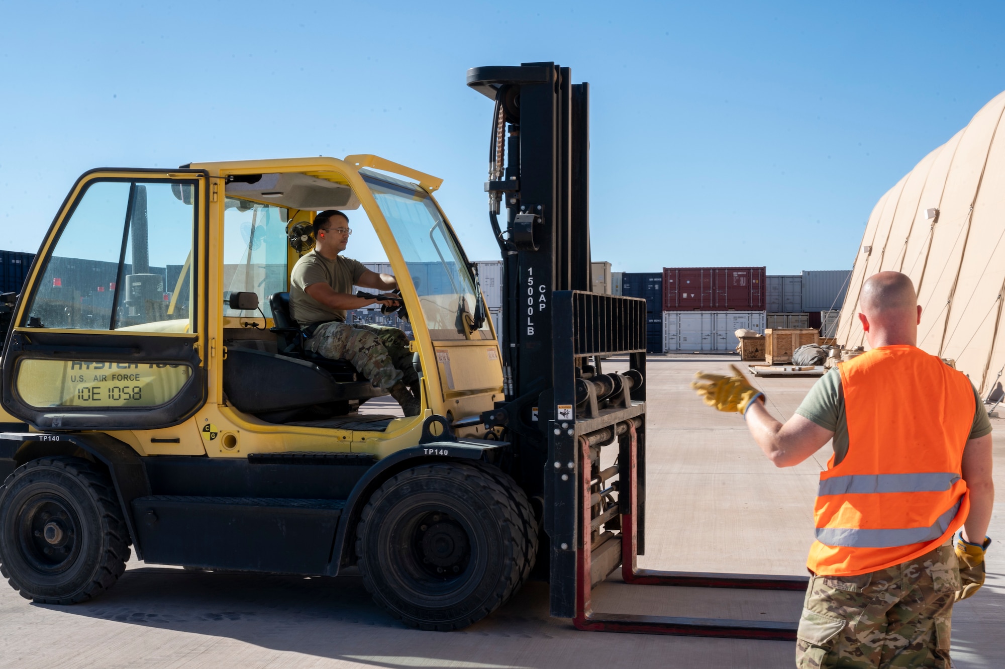 U.S. Air Force Senior Airman Steven Vargas, 635th Materiel Maintenance Support Squadron fuels mobility journeyman, operates a forklift at Holloman Air Force Base, New Mexico, Sept. 18, 2024.