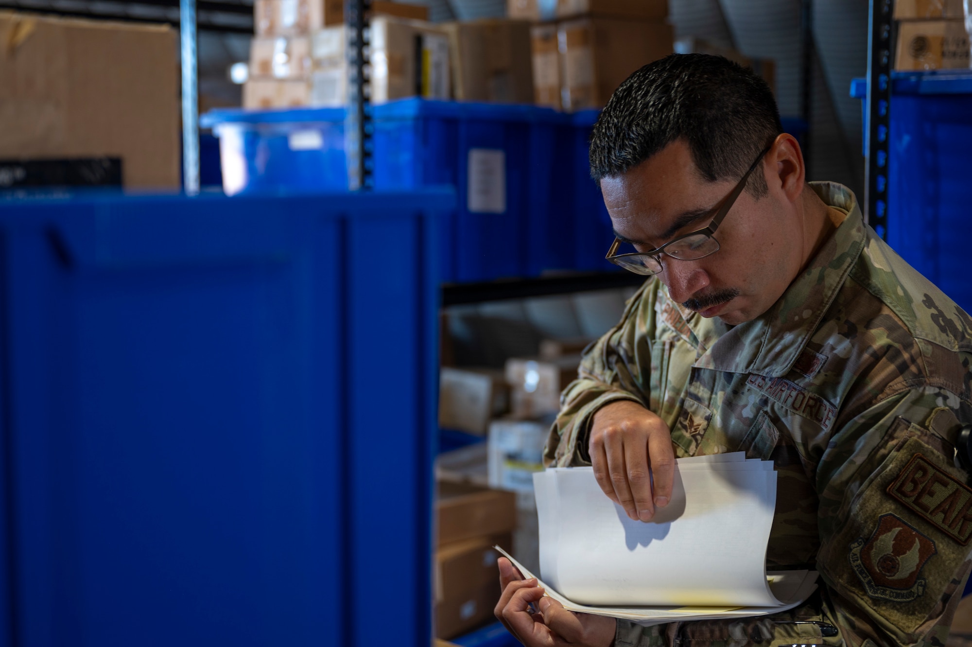 U.S. Air Force Senior Airman Robert Pineda, 635th Materiel Maintenance Support Squadron electric decentralized materiel support journeyman, validates inventory at Holloman Air Force Base, New Mexico, Sept. 18, 2024.