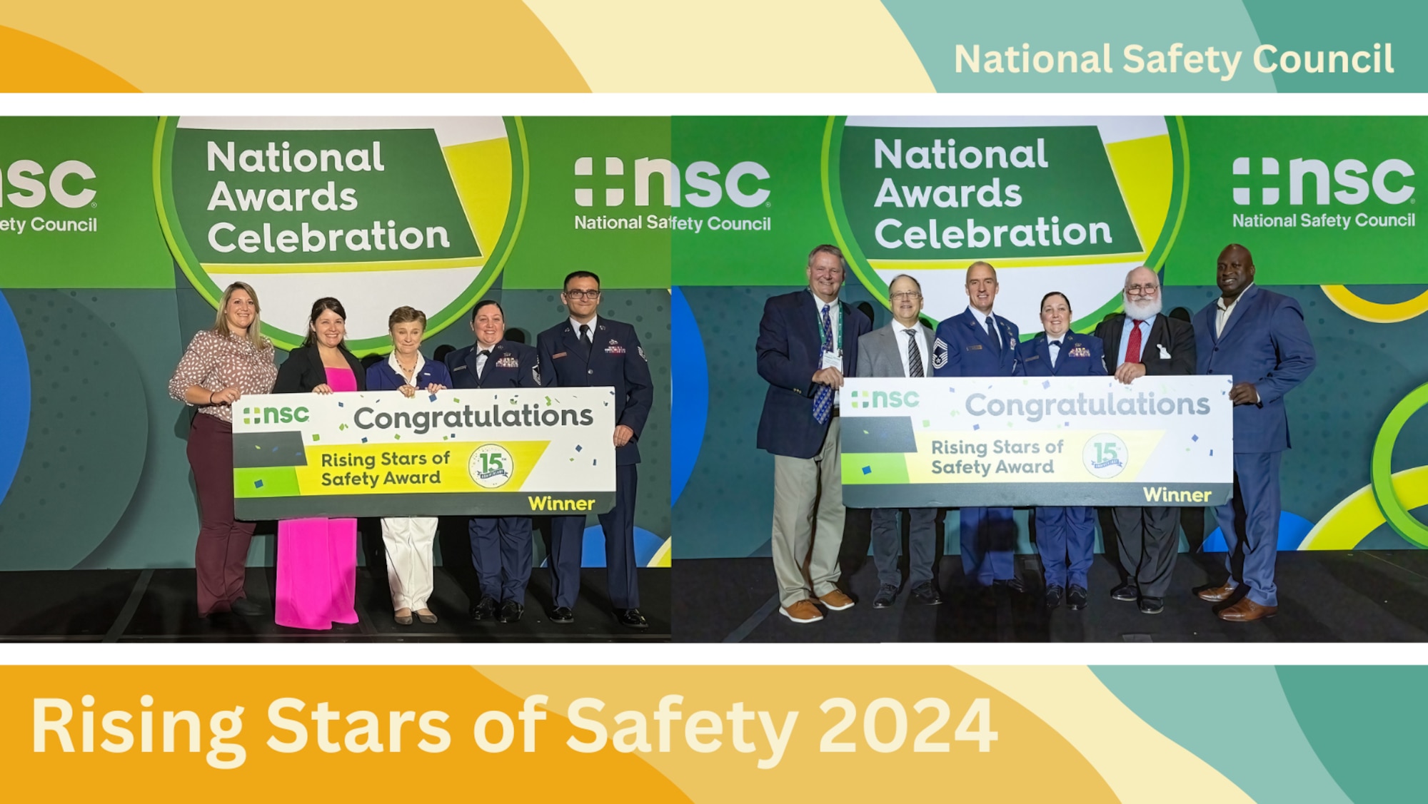National Safety Council awarded two Air Force Airmen who received the Rising Star of Safety Award at their annual National Awards Celebration on September 17, 2024 in Orlando, Florida. These leaders represent a wide range of industries and are the best and brightest in safety. (U.S. Air Force graphic by Staff Sgt. Lauren Douglas)
