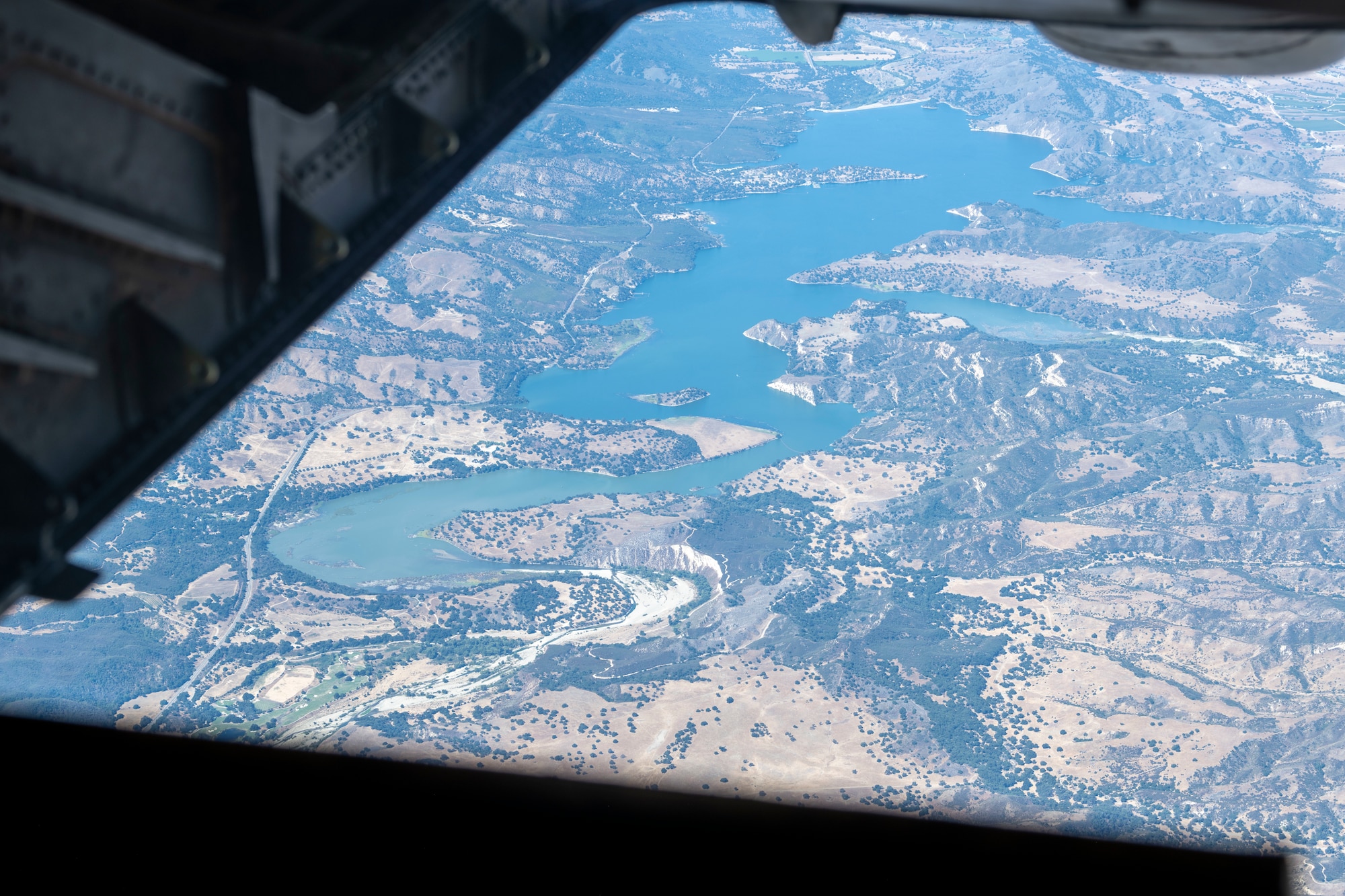 Aerial view of landscape out of portal window