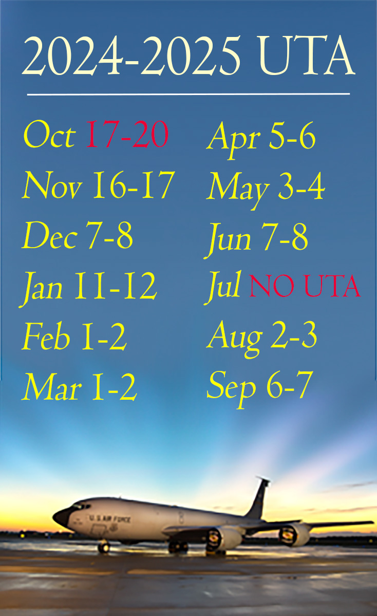 Unit Training Assembly schedule for fiscal year 25. The dates are as follows: October 17-20, 2024; November 16-17, 2024; December 7-8, 2024; January 11-12, 2025; February 1-2, 2025; March 1-2, 2025; April 5-6, 2025; May 3-4, 2025; June 7-8, 2025; July No Unit Training Assembly; August 2-3, 2025; September 6-7, 2025.
