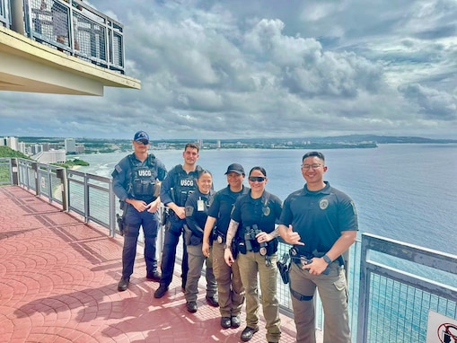 Maritime Safety and Security Team (MSST) Honolulu, stand with Department of Agriculture Guam Conservation Officers during a Ports, Waterways, and Coastal Security (PWCS) mission in Guam from Aug. 31 – Sept. 18, 2024.