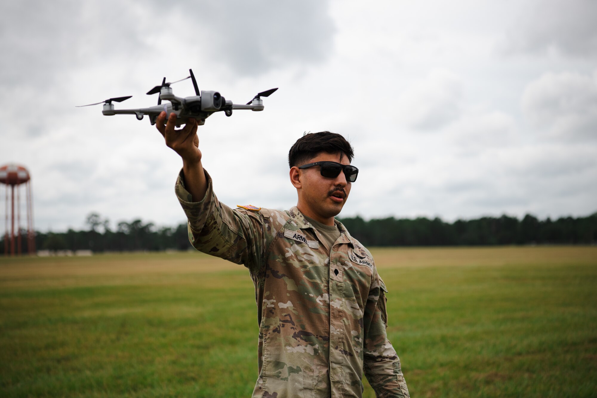 Spc. Christopher Armel, a RQ-7 Unmanned Aircraft System repairer with Delta Company, 753rd Brigade Engineer Battalion, performs a test flight during storm preparations in an airfield at Camp Blanding Joint Training Center, Fla., Sept. 25, 2024. National Guard members from across the state activated ahead of Tropical Storm Helene to prepare for post-storm operations.
