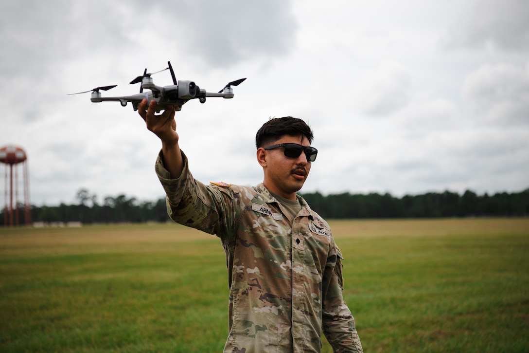 Spc. Christopher Armel, a RQ-7 Unmanned Aircraft System repairer with Delta Company, 753rd Brigade Engineer Battalion, performs a test flight during storm preparations in an airfield at Camp Blanding Joint Training Center, Fla., Sept. 25, 2024. National Guard members from across the state activated ahead of Tropical Storm Helene to prepare for post-storm operations.