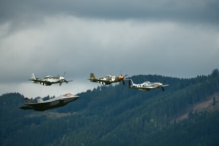 Photo of the U.S. Air Force Heritage Flight puting on a demonstration during Airpower, the largest air show in Europe, Hinterstoisser Air Base, Zeltweg, Austria, Sept. 7, 2024.