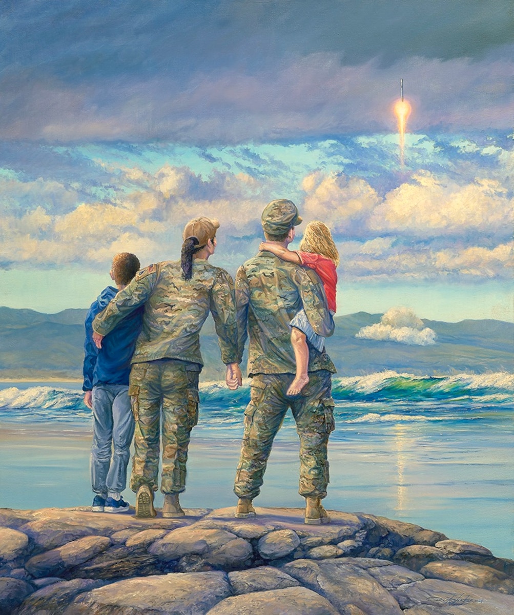 “Space Starts Here,” by Rick Herter, Space Systems Command’s first official painting--portrays a family watching a satellite launch from Vandenberg Space Force Base, on California’s Central Coast.
