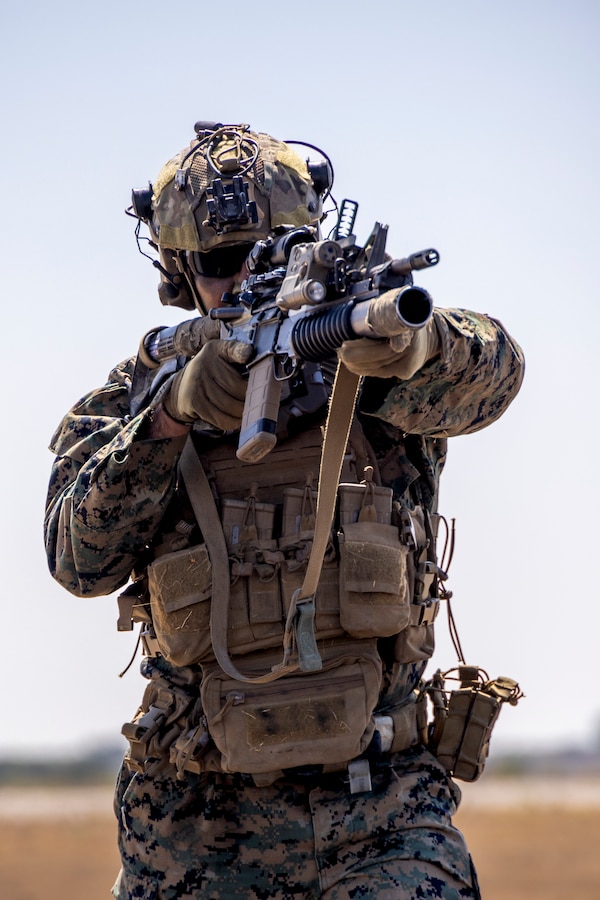 A U.S. Marine with 3rd Battalion, 5th Marine Regiment, 1st Marine Division, provides security during the Marine Air-Ground Task Force demonstration of the 2024 Marine Corps Air Station Miramar Airshow in San Diego, Sept. 27, 2024. The MAGTF Demo displays the coordinated use of close-air support, armor, artillery and infantry forces and provides a visual representation of how the Marine Corps operates. America's Airshow 2024 is a unique and incredible opportunity to witness Marine and joint aviation capabilities, civilian performers, and the world-famous Blue Angels; to interact first-hand with Marines, other service members, and first responders; and to see first-hand the innovative spirit of the Marine Corps through emerging technologies and forward-thinking. (U.S. Marine Corps photo by Lance Cpl. Seferino Gamez)