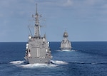 TIMOR SEA (Sept. 24, 2024) – The Japan Maritime Self-Defense Force Murasame-class destroyer JS Ariake (DD 109), left, and the Royal Australian Navy Anzac-class frigate HMAS Stuart (FFH 153) sail ahead of the U.S. Navy Arleigh Burke-class guided-missile destroyer USS Dewey (DDG 105) while conducting multilateral operations in the Timor Sea, Sept. 24, 2024. Dewey is forward-deployed and assigned to Destroyer Squadron (DESRON) 15, the Navy’s largest DESRON and the U.S. 7th Fleet’s principal surface force. (U.S. Navy photo by Mass Communication Specialist 1st Class Greg Johnson)