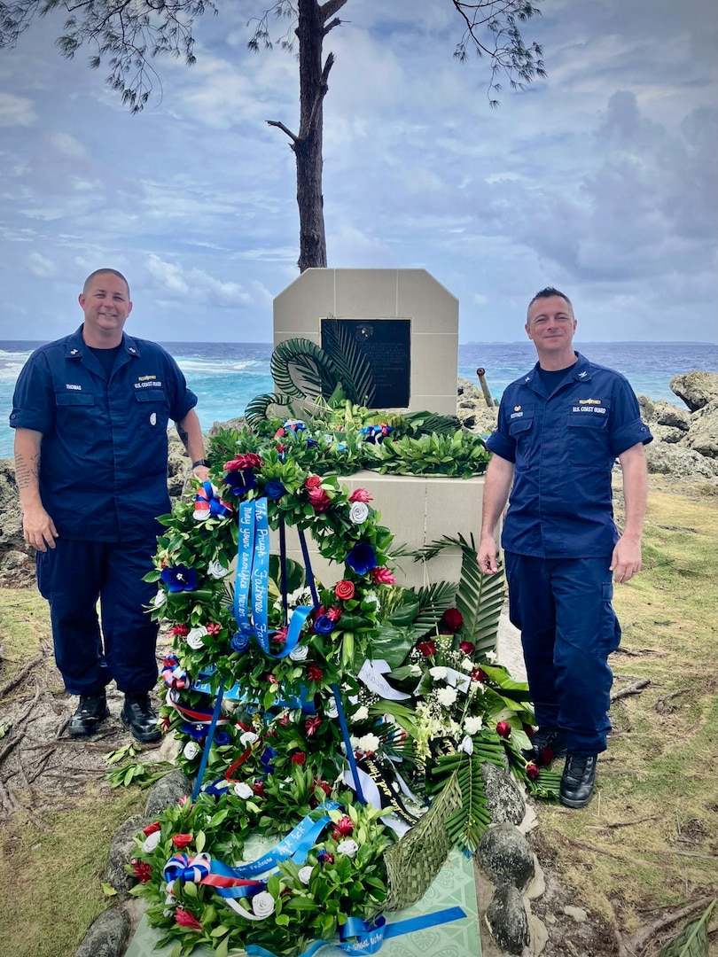 Capt. Robert Kistner, commander of U.S. Coast Guard Forces Micronesia/Sector Guam, Command Master Chief Jeremy Thomas, and Compact of Free Association liaisons proudly attended the 80th commemoration of the Battle of Peleliu, hosted by President Surangel Whipps Jr., the Governor of Peleliu, and the U.S. Marine Corps, in Peleliu on Sept. 15, 2024. This solemn ceremony honored the incredible bravery and sacrifice of the Marines and U.S. Army soldiers who fought to liberate Palau 80 years ago. (U.S. Coast Guard photo by Lt. Cmdr. Derek Wallin)