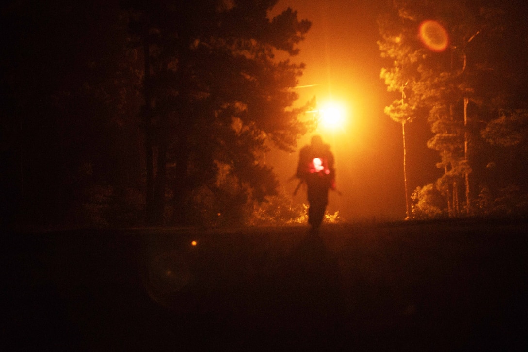 The silhouette of a soldier walking away from the camera and wearing a backpack is seen by the light of a street lamp.