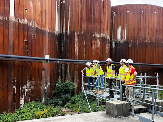 Officials from the Netherlands Ministry of Infrastructure and Water Management and U.S. Army Corps of Engineers Nashville District officials look at the Kentucky Lock addition construction project in Grand Rivers, Ky. during a tour on Sept. 23, 2024. (USACE Photo)