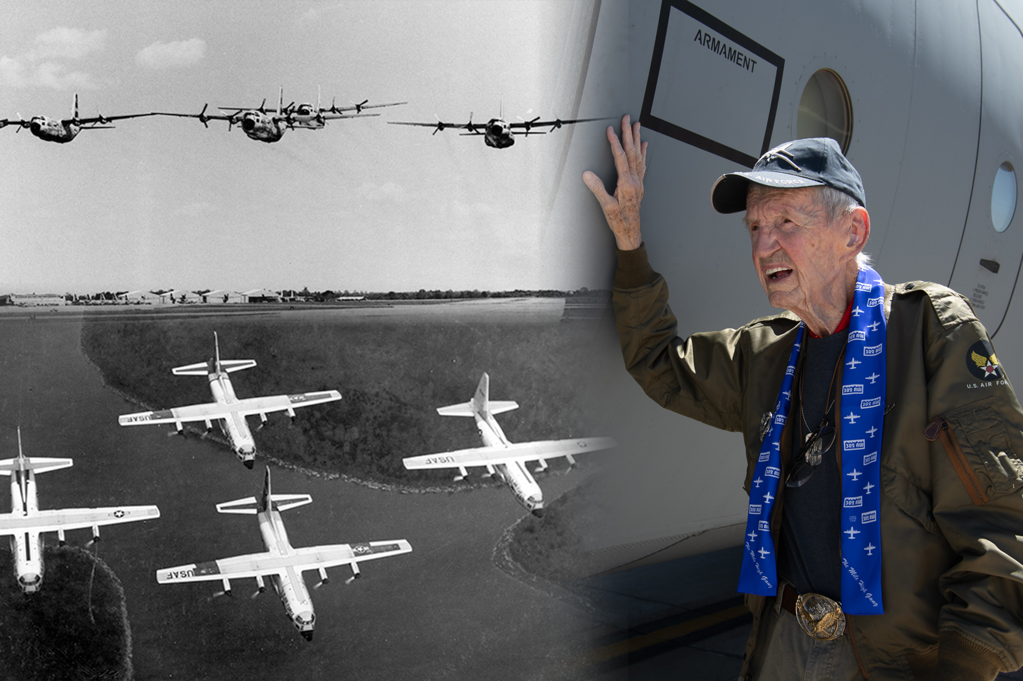 A man presses his hand against the side of an aircraft with two black and white images blurred together of C-130s in formation next to him.