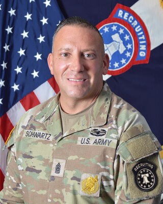 Male Soldier in front of United States and Army Recruiting Brigade flags