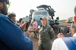 Republic of India media interviews U.S. Navy Lt. Ashley Ambuehl, a native of Odin, Illinois, during a scheduled media tour aboard the San Antonio-class amphibious transport dock ship USS Somerset (LPD 25) in Visakhapatnam, India, Mar. 23, 2024, during Exercise Tiger TRIUMPH 2024. Tiger TRIUMPH is a U.S.-India tri-service amphibious exercise focused on humanitarian assistance and disaster relief readiness and interoperability.