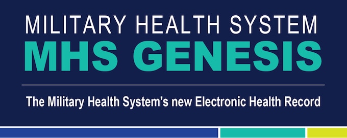 Dark blue background with the words Military Health System, MHS Genesis, and The Military Health System's new Electronic Health Record.