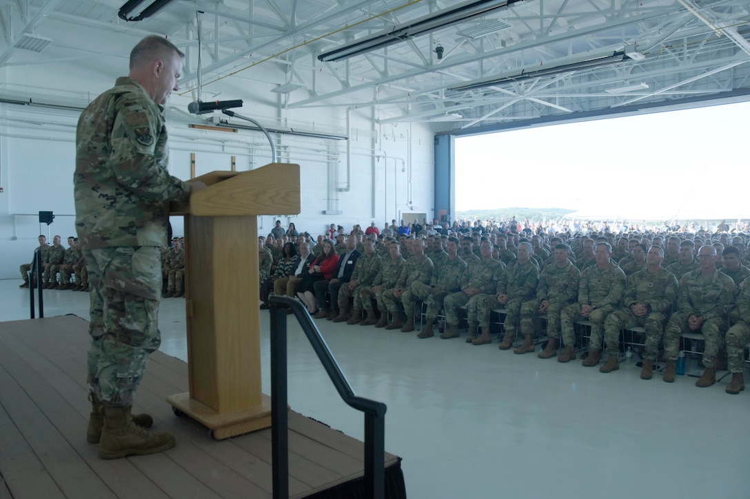 Brig. Gen. David May, Wisconsin’s interim adjutant general, addresses more than 300 Wisconsin Army National Guard Soldiers from five units during a formal sendoff ceremony Sept. 28 at Volk Field Air National Guard Base, Camp Douglas, Wis. The Soldiers, who are a part of the 1st Battalion, 128th Infantry Regiment, the 1st Battalion, 120th Field Artillery Regiment, the 132nd Brigade Support Battalion and the 457th Chemical Company, will be deploying to both U.S. Central Command in Southwest Asia and U.S. Africa Command, Horn of Africa. The deploying Soldiers will support ongoing operations through tactical missions, and provide medical care capabilities across the region. Wisconsin Department of Military Affairs photo by Vaughn R. Larson