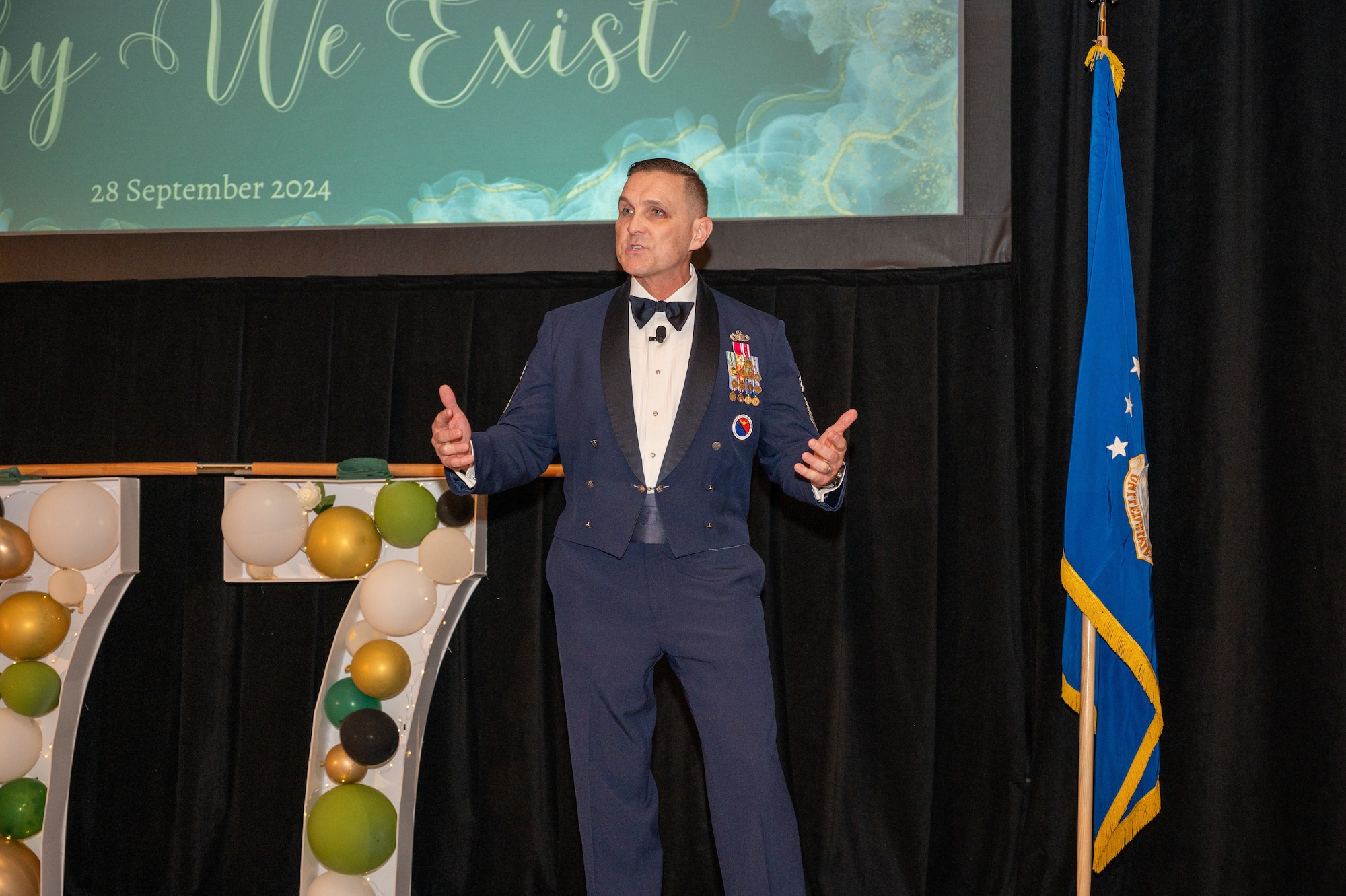U.S. Air Force Chief Master Sergeant Travis Chadick, Air Force Nuclear Weapons Center command chief master sergeant, gives the keynote address during the 77th Annual Air Force Ball, on Sept. 28th at Sandia Resort and Casino, Albuquerque, N.M.