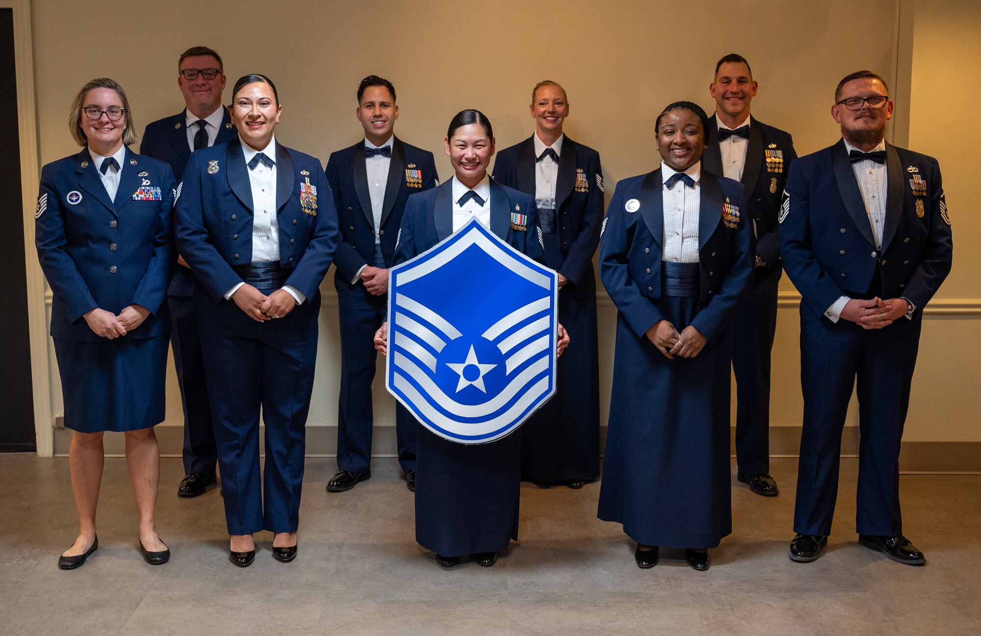 The 47th Flying Training Wing Senior Non-Commissioned Officer inductees stand together for a group photo at Laughlin Air Force Base, Texas, Sept. 27, 2024. The induction ceremony brings Airmen together to celebrate the achievement of entering the realm of senior enlisted leaders. (U.S. Air Force photo by Staff Sgt. Nicholas Larsen)