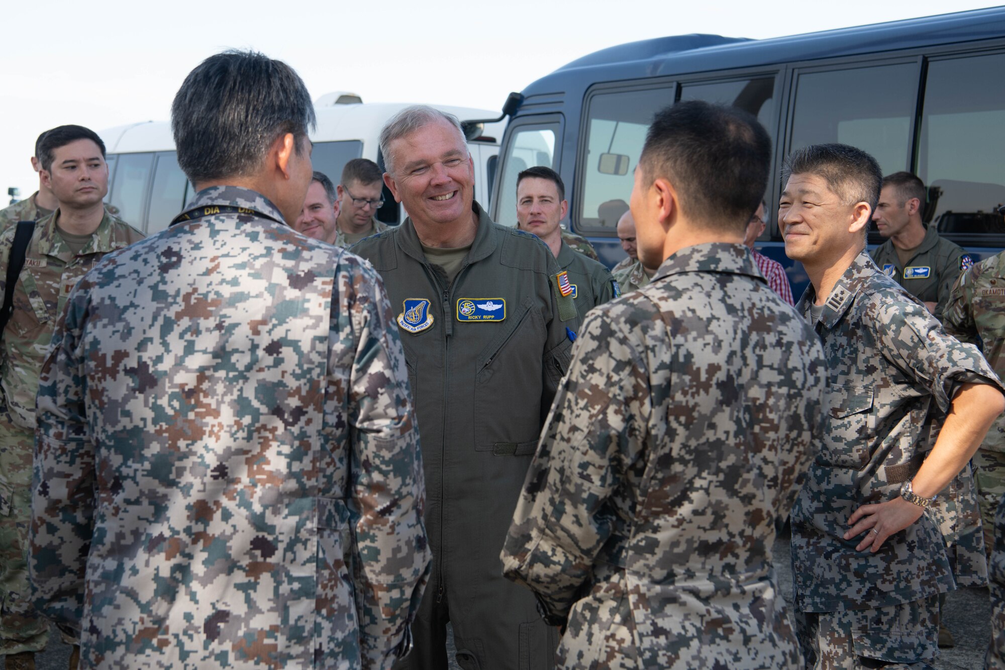U.S. Air Force Lt. Gen. Ricky Rupp, U.S. Forces Japan and 5th Air Force commander, visits 730th Air Mobility Squadron Airmen and Japan Air Self-Defense Force members.