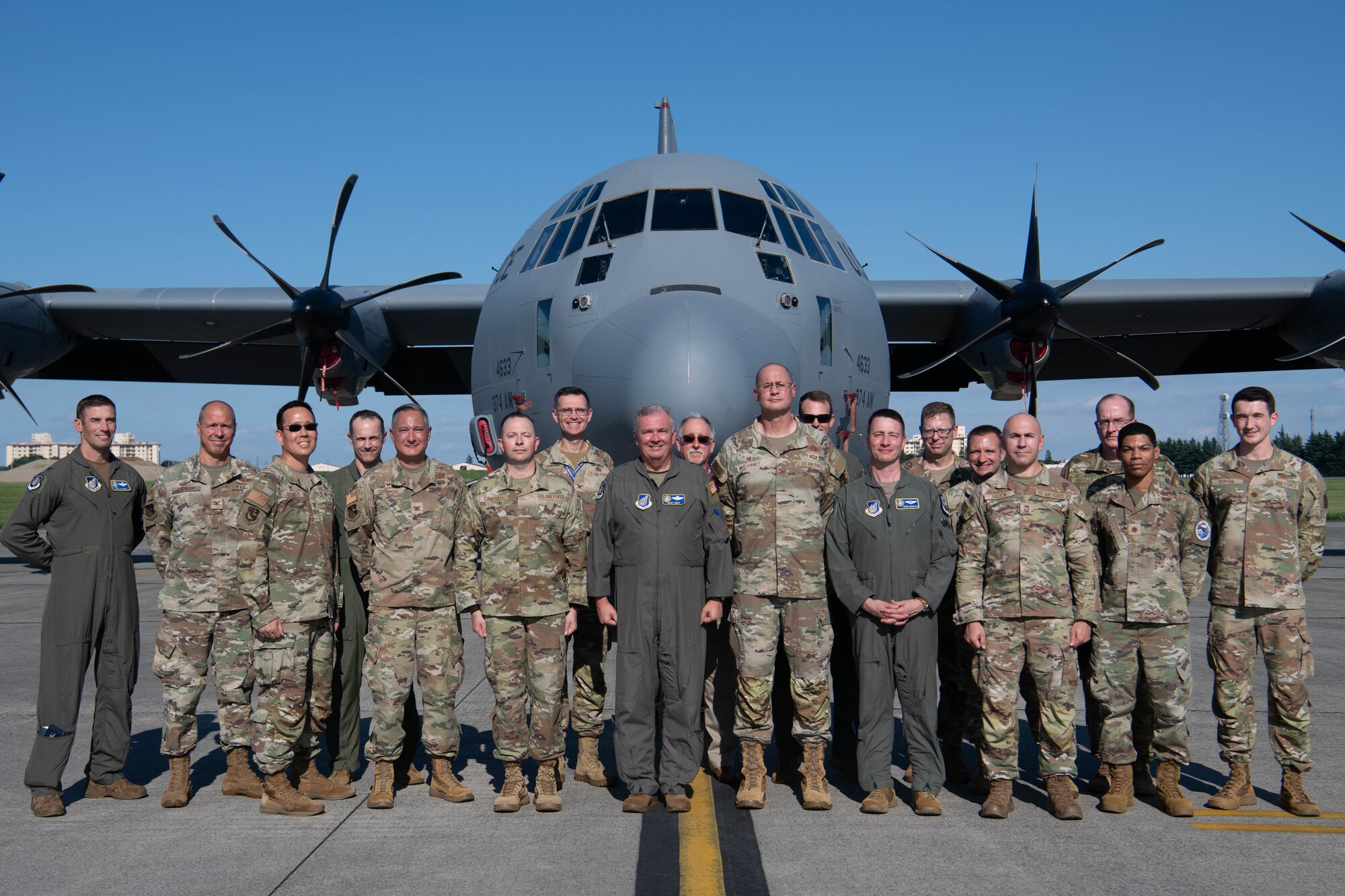 United States Forces Japan, 5th Air Force and Yokota Air Base leadership pose for a photo.
