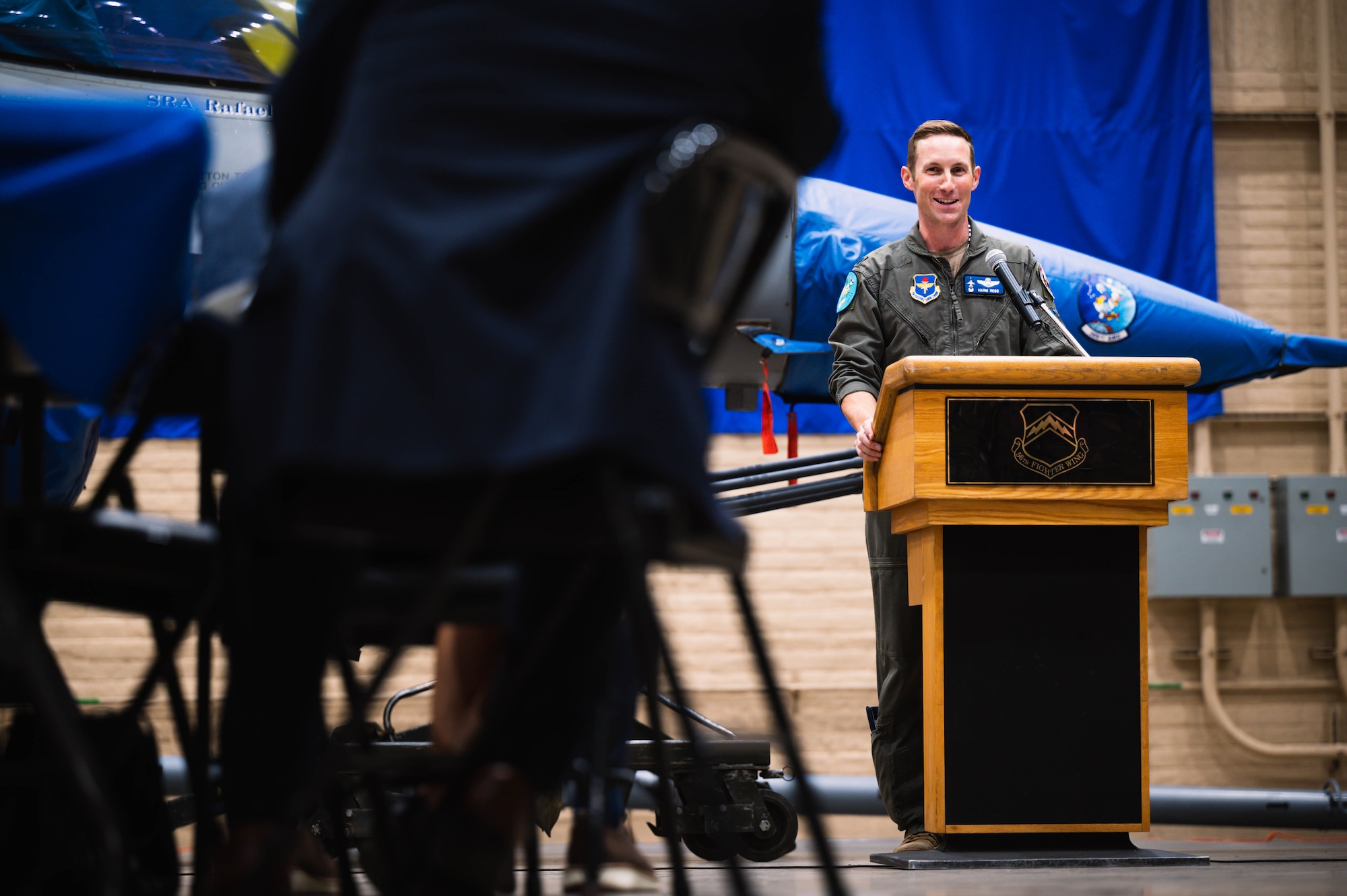 U.S. Air Force Lt. Col. Michael Ress, 309th Fighter Squadron commander, speaks at the final 309th FS graduation for F-16 Fighting Falcon pilots.