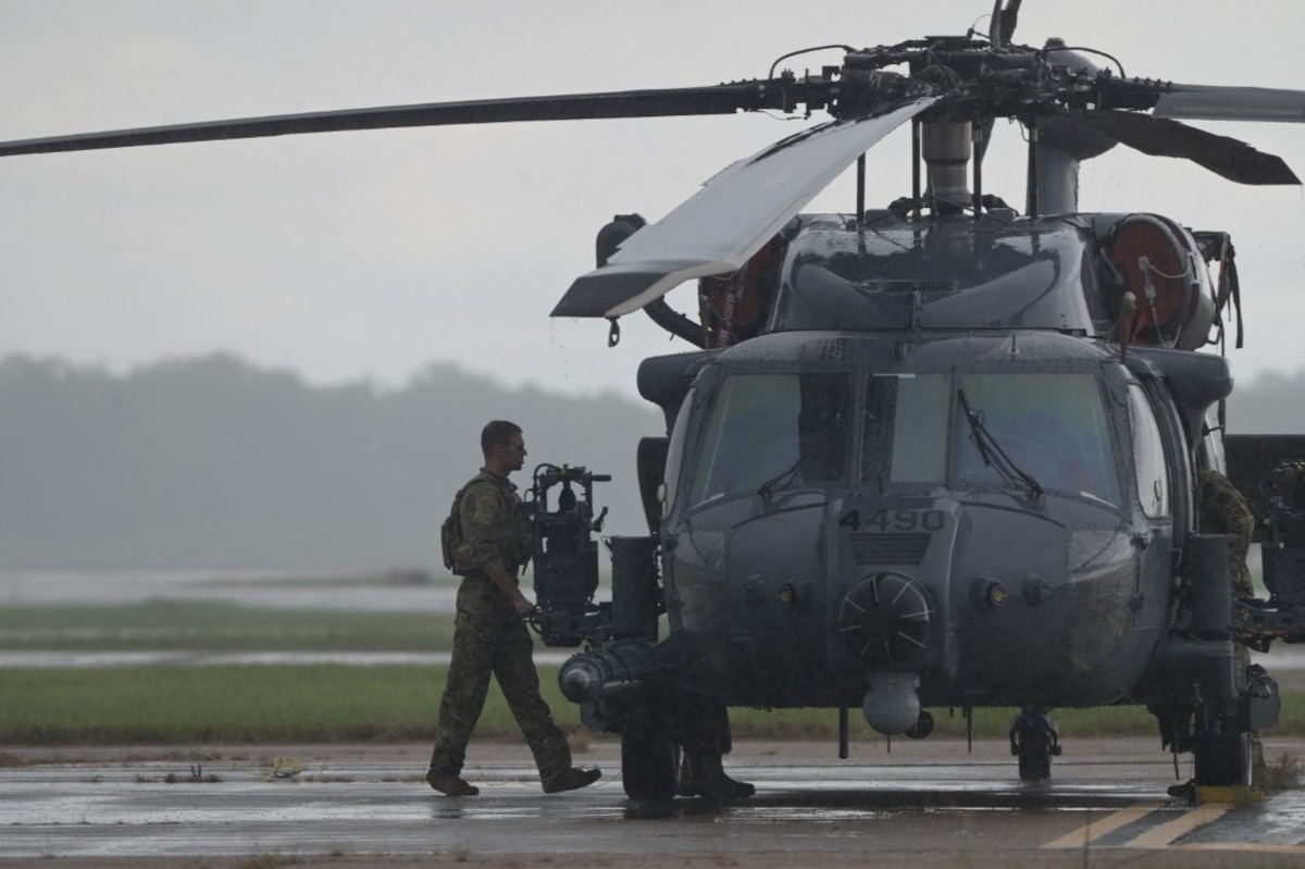 An HH-60W Jolly Green II helicopter lands at Columbus Air Force Base.