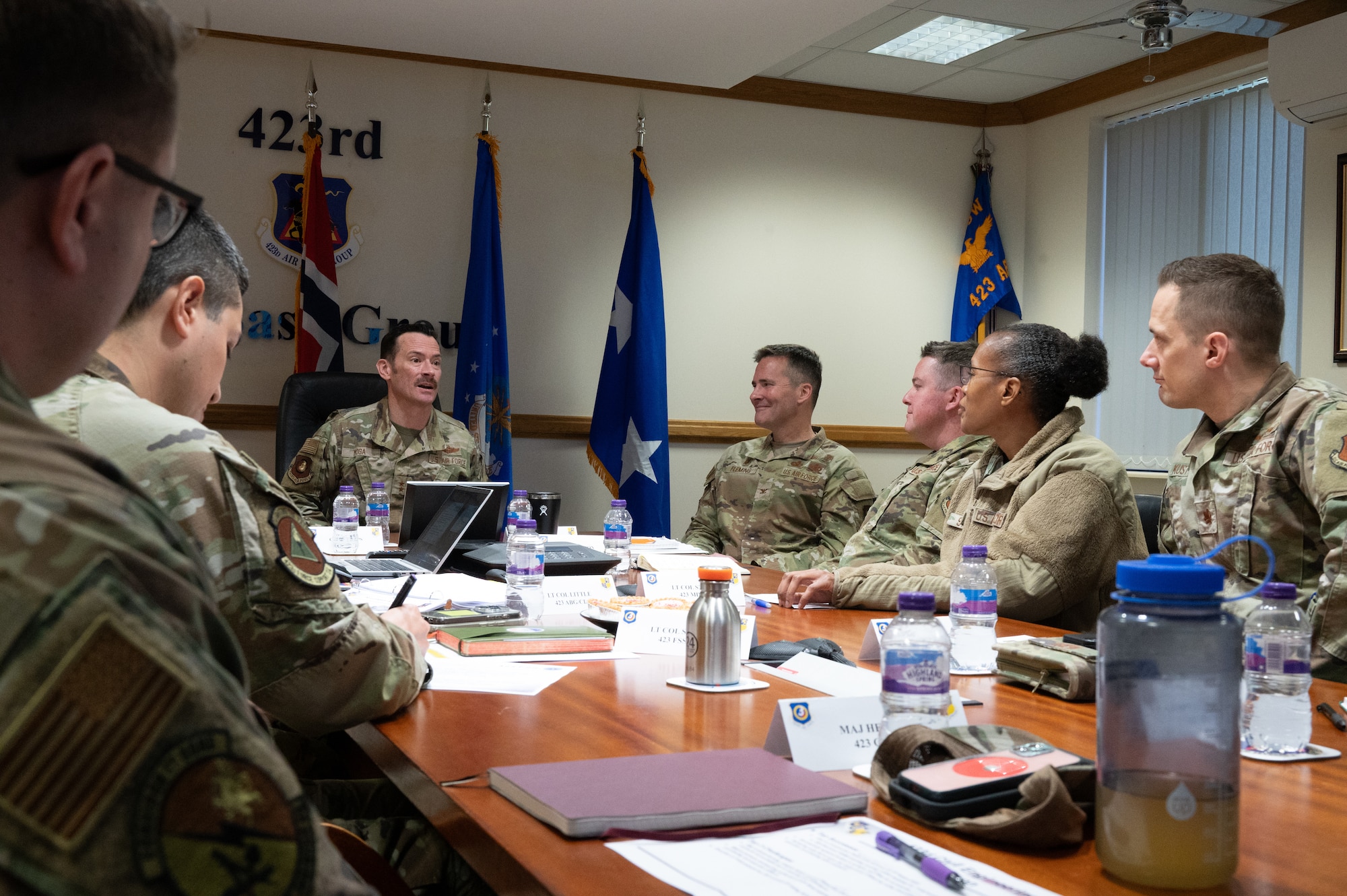 U.S. Air Force Maj. Gen. Paul Moga, Third Air Force commander, speaks at a meeting