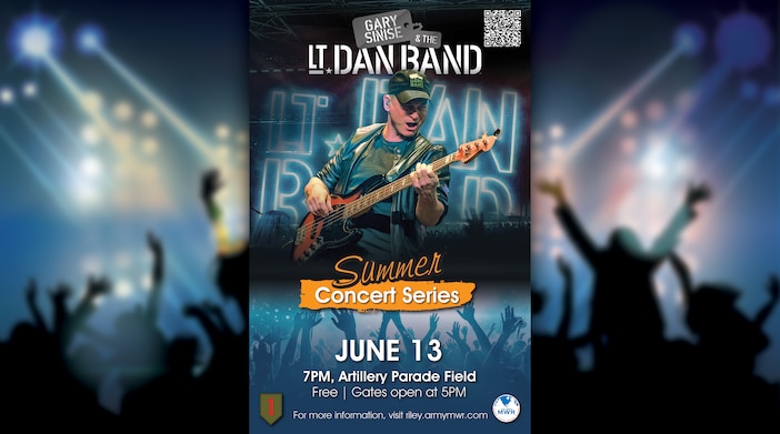 Mark your calendars—Fort Riley’s summer concert series kicks off June 13!

We’re excited to welcome Gary Sinise & The Lt. Dan Band for a high-energy, family-friendly evening at Artillery Parade Field. It’s free, it’s fun, and it’s one show you won’t want to miss!

Schedule:
• Gates open at 5 PM
• Big Red One Band hits the stage at 7 PM
• Gary Sinise & The Lt. Dan Band takes over at 8 PM

Bring your friends—it’s going to be a great night of music under the Kansas sky!

Friday, June 13 | Artillery Parade Field | Free Admission